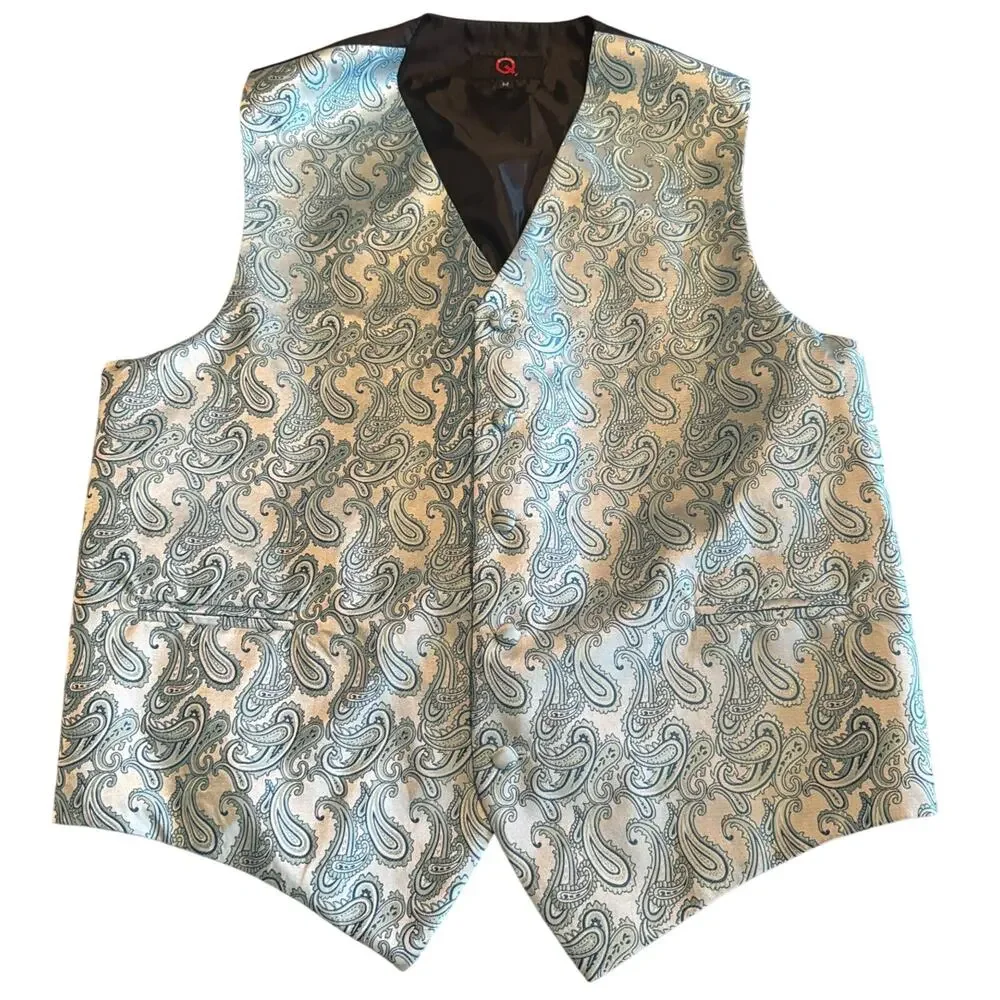 Blue Satin Mens Vest Waistcoat sz M Paisley Wedding Party Prom Formal